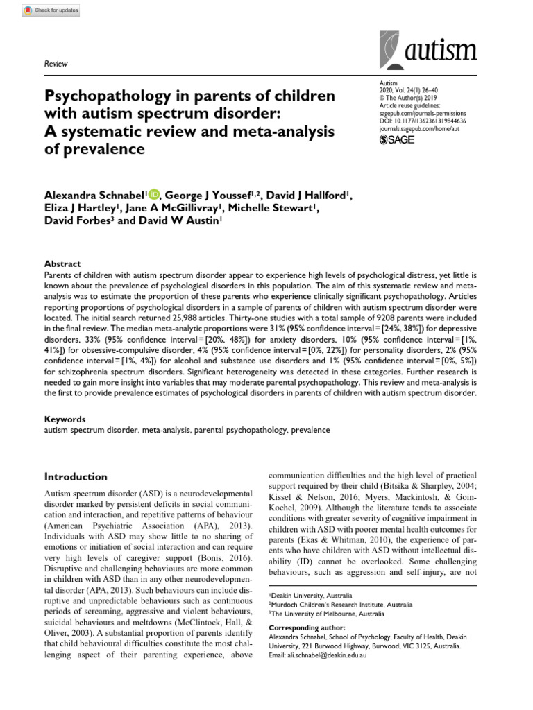 Psychopathology in Parents of Children With Autism Spectrum Disorder ...