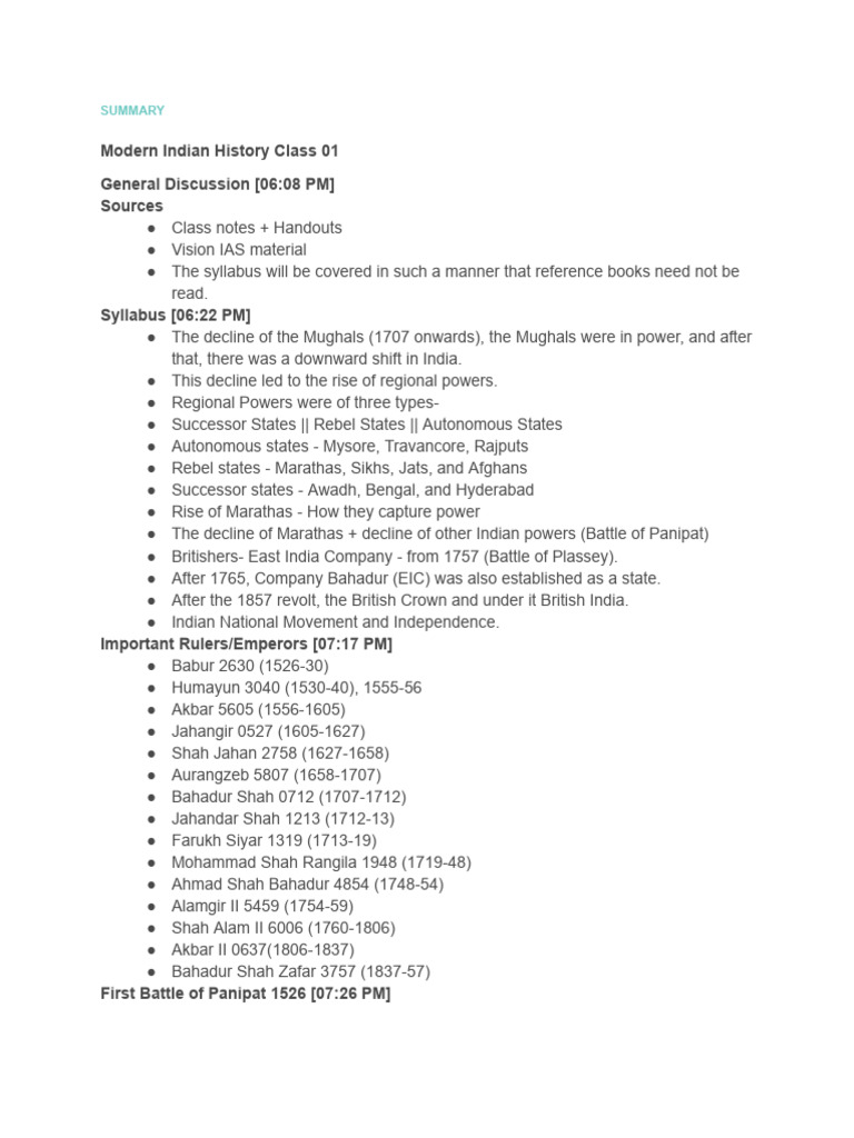 Modern Indian History Class 01 | PDF