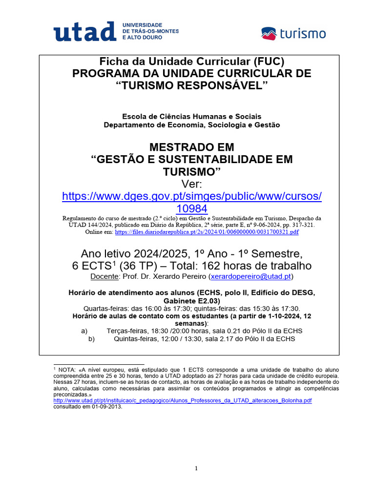 Programa Turismo Responsável 2024 25 (Infordocente Port) | PDF