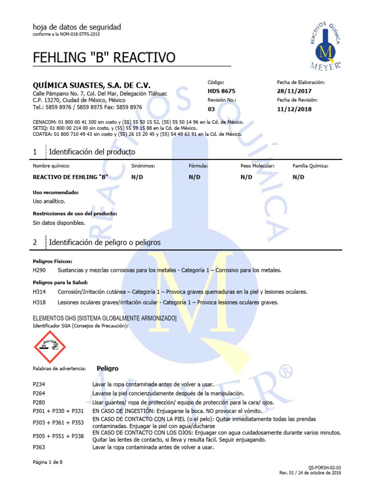 Hoja de Seguridad: Reactivo Fehling B | PDF
