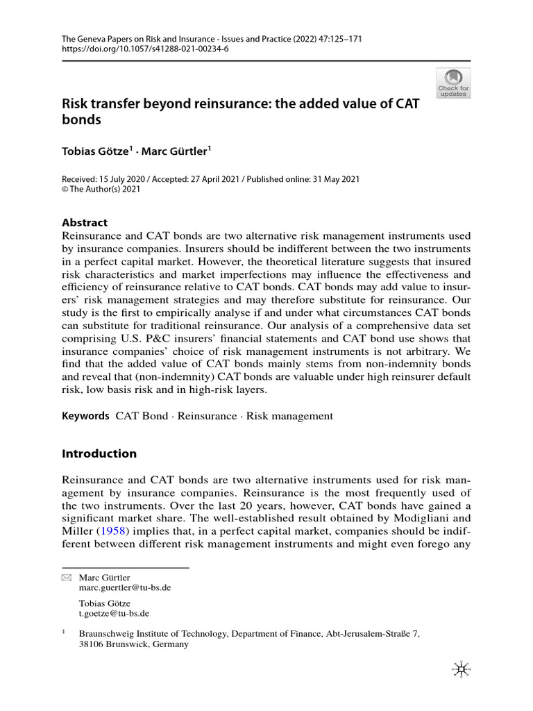Risk Transfer Beyond Reinsurance: The Added Value of CAT Bonds | PDF