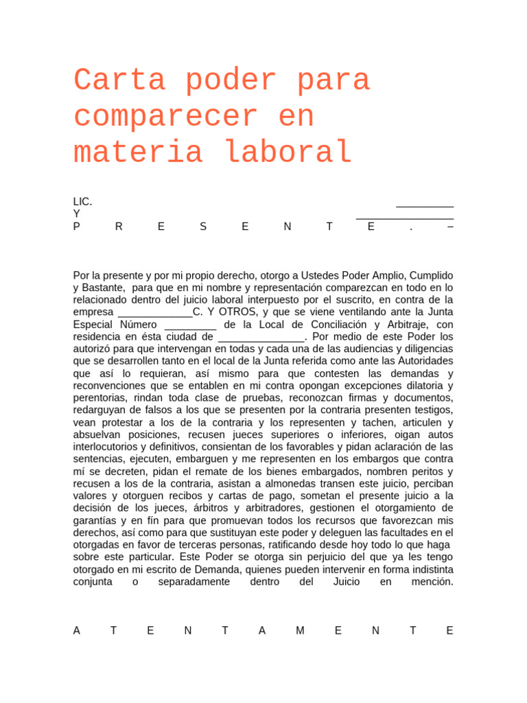 Carta Poder para Comparecer en Materia Laboral | PDF