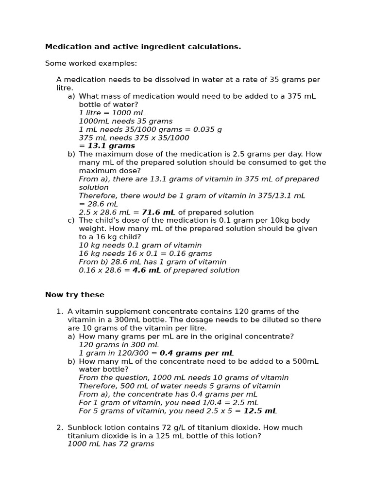 Active Ingredient Dosage Calculations | PDF | Litre | Dose (Biochemistry)