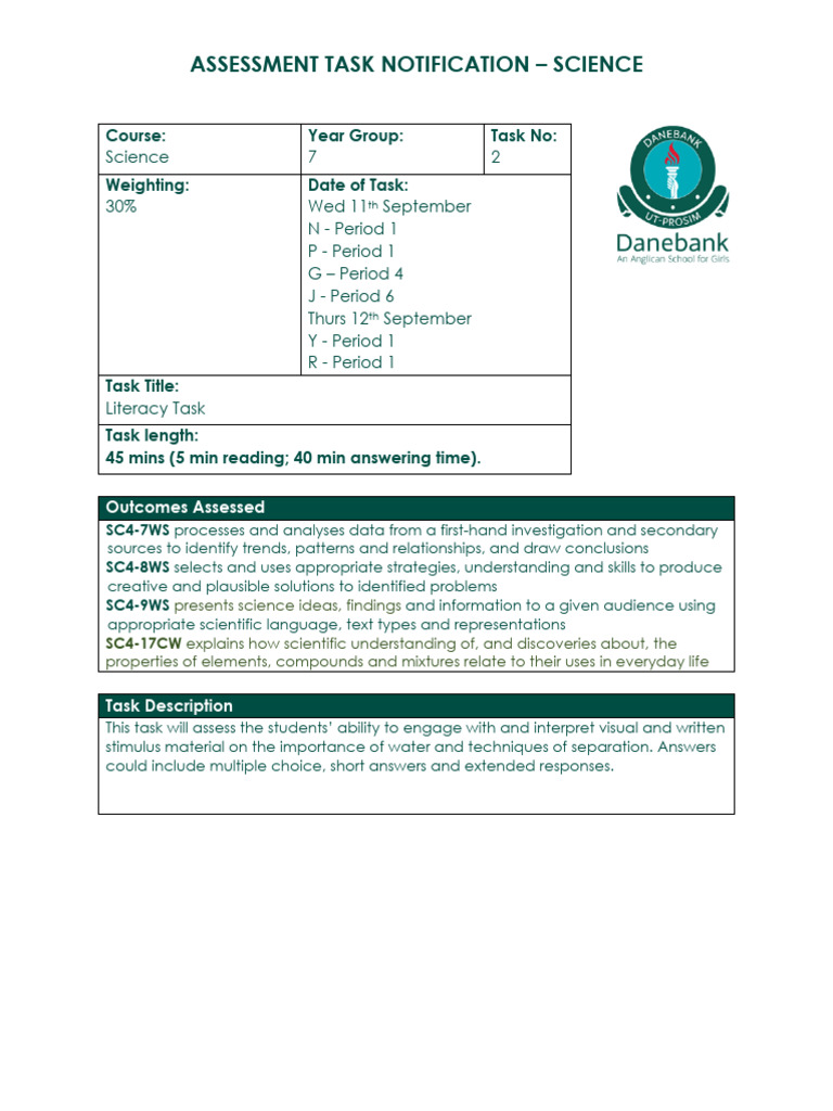 Year 7 2024 Task 2 Notification Literacy Task | PDF