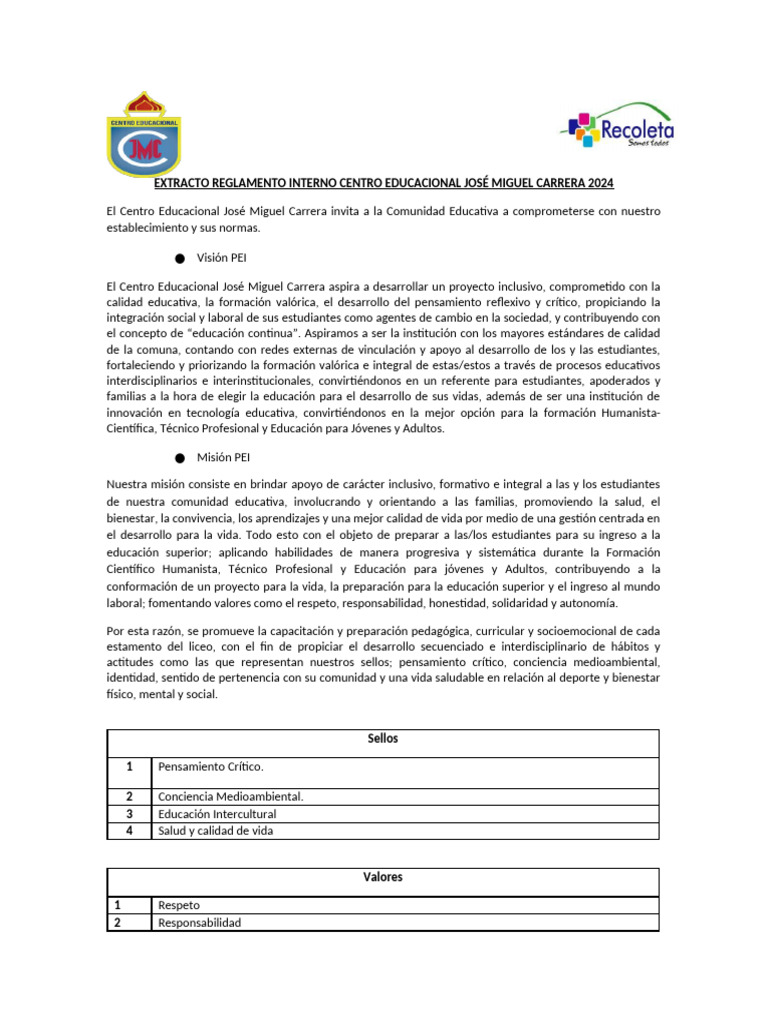 Extracto Reglamento Interno 2024 | PDF
