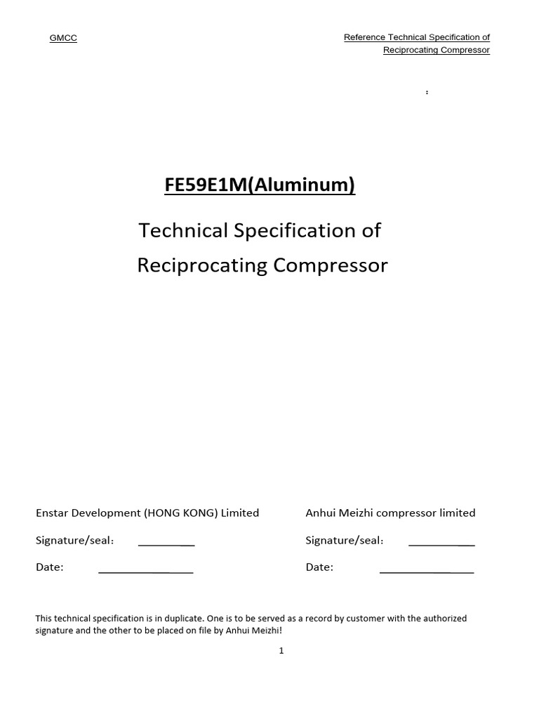 GMCC 1-5 Modelo FE59E1M Aluminum Compressor Specification 20190506 | PDF