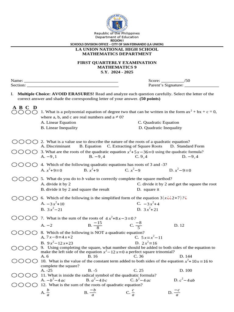 Grade 9 Math First Quarter Exam 2024 | PDF | Quadratic Equation | Equations