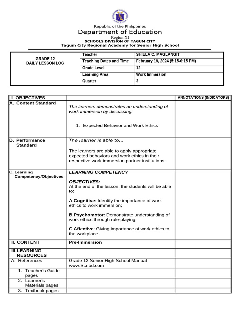 COT3 - February 19, 2024-Work Immersion - Q3 - 2023-2024 | PDF