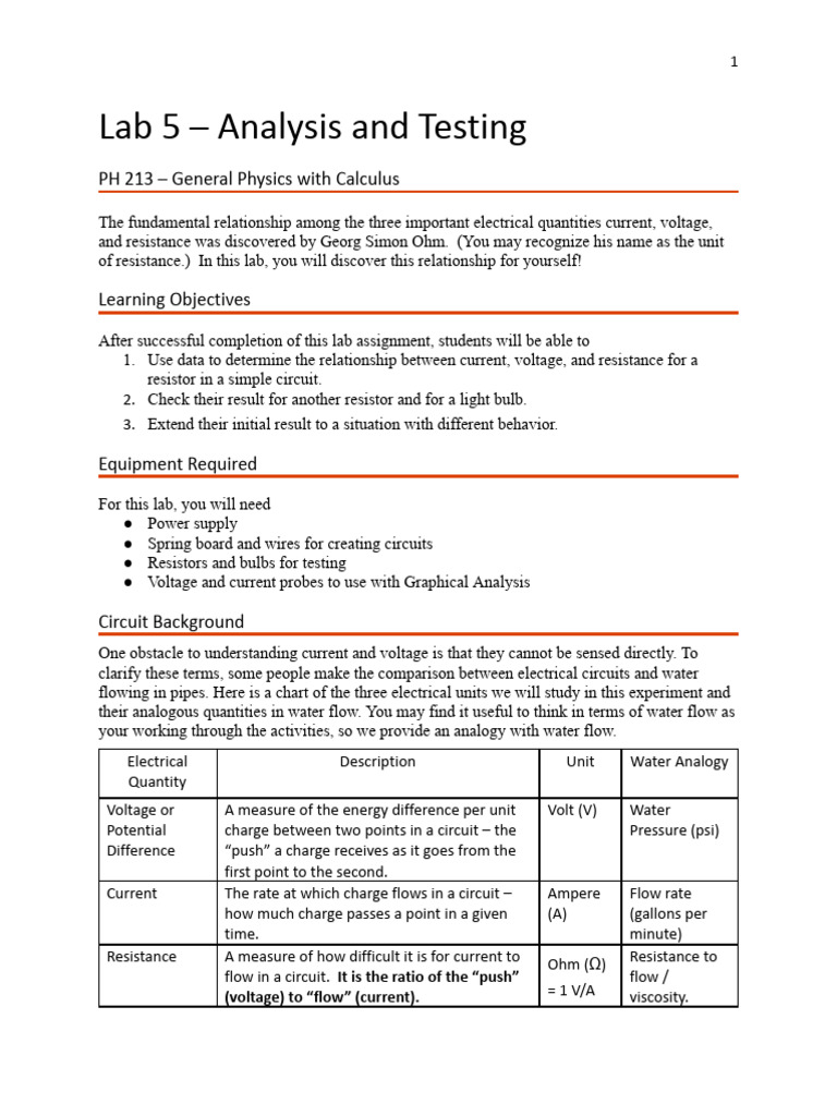 05 Analysis and Testing W Circuit Building - Handout | PDF