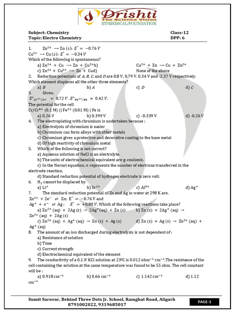 Electrochemistry DPP 6 | PDF