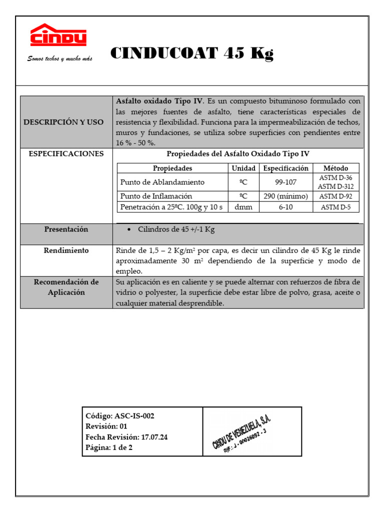 Asfalto Oxidado Tipo IV Cinducoat 230 45 KG | PDF