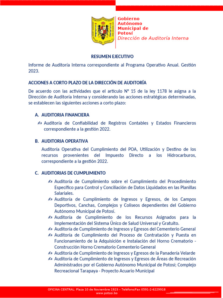 Resumen Ejecutivo Del Poa 2023 de Auditoria Interna | PDF