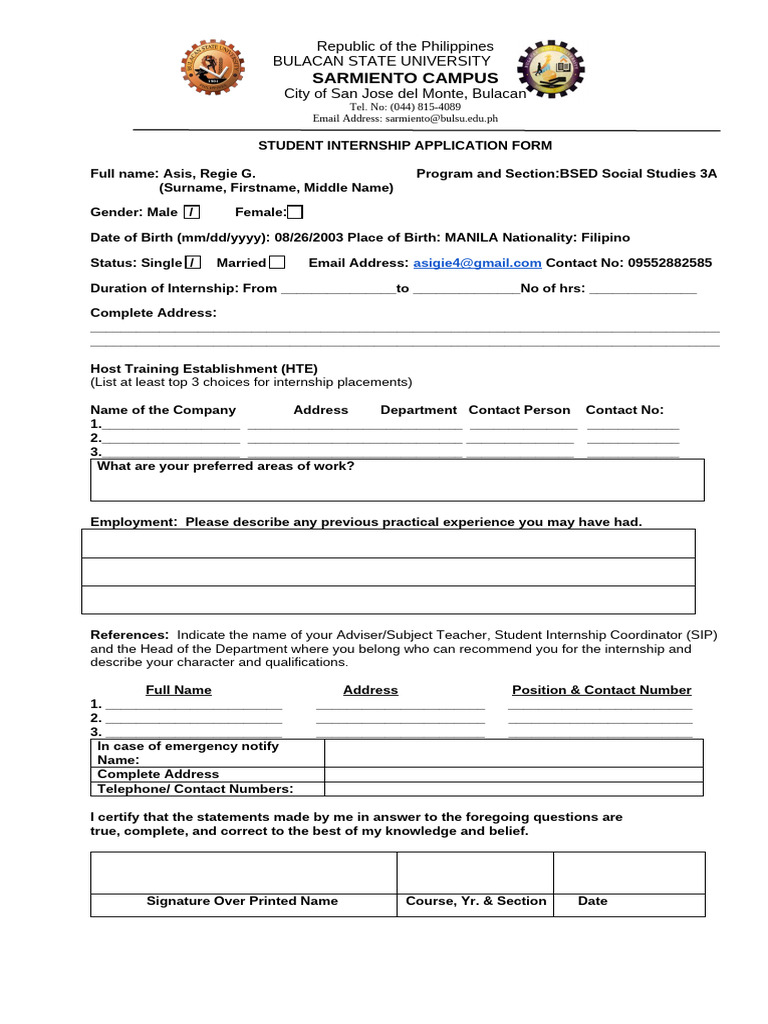 Student Internship Application Form | PDF