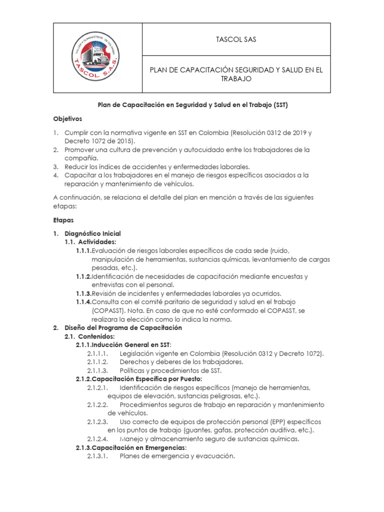 Plan de Capacitación en Seguridad y Salud en El Trabajo | PDF