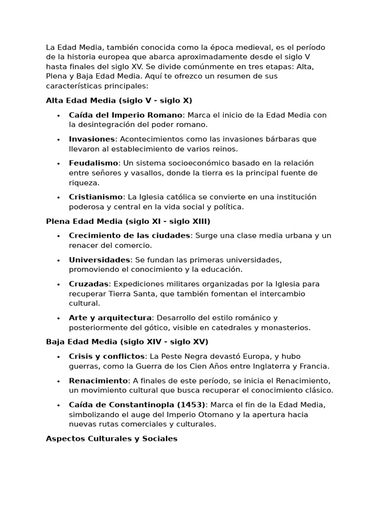 Resumen de la Edad Media en Europa | PDF | Edades medias | Renacimiento