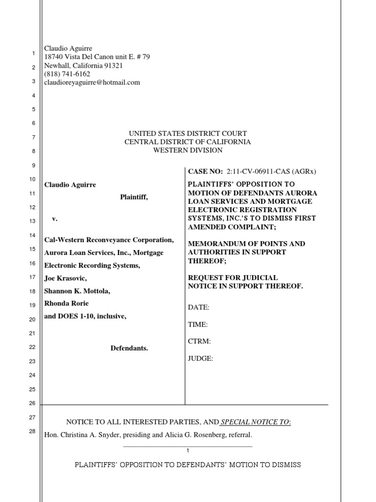California Opposition to Motion to Dismiss Mortgage Law Deed Of