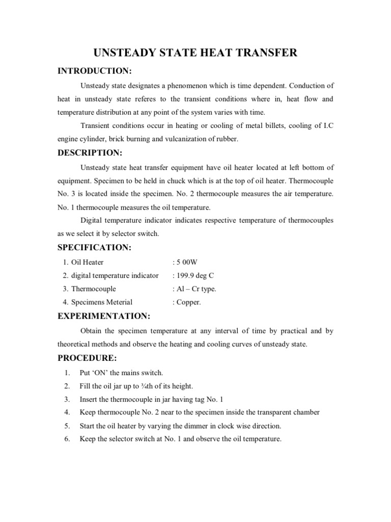 Unsteady State Heat Transfer | PDF | Thermocouple | Heat Transfer