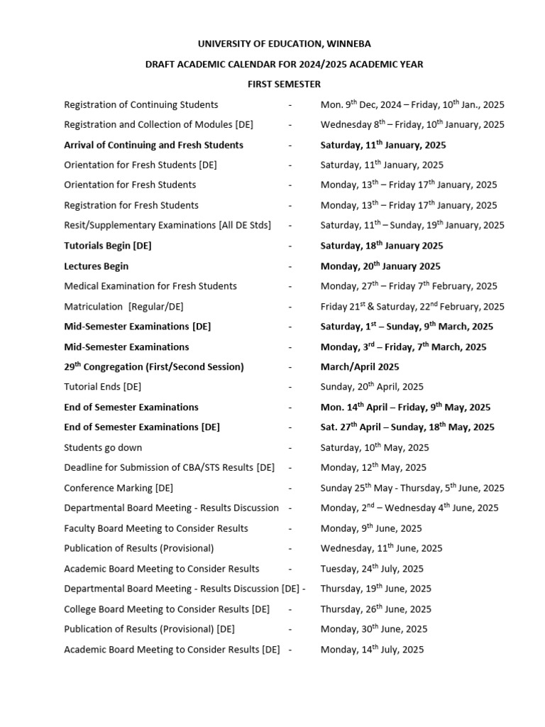 2025 Academic Calendar UEW PDF