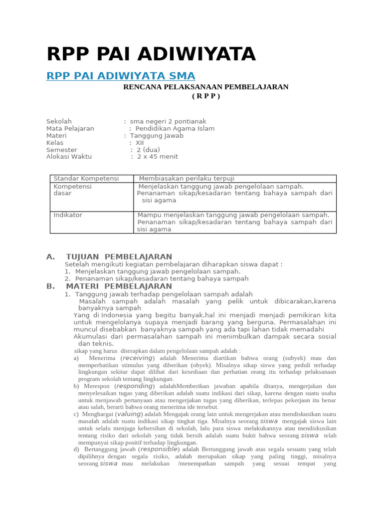 RPP Pai Adiwiyata | PDF