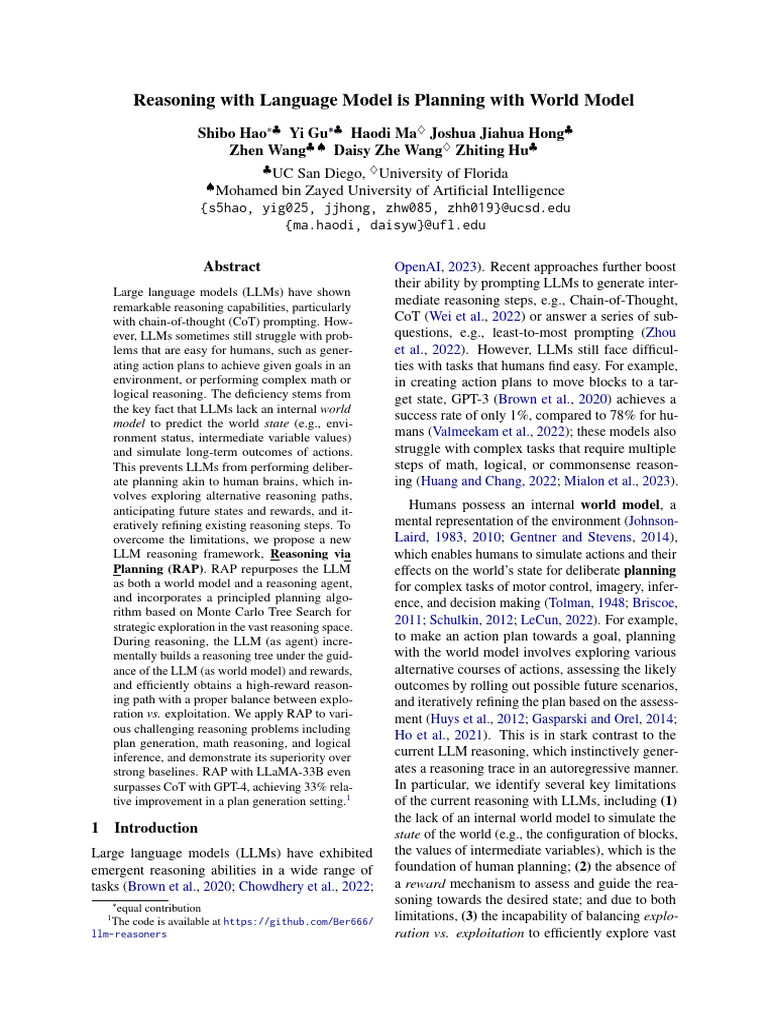 Reasoning With Language Model Is Planning With World Model | PDF