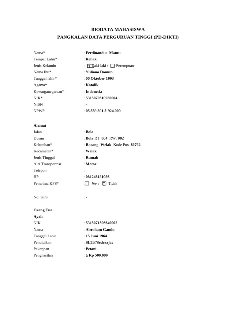 Biodata mahasiswa fm pddikti pdf