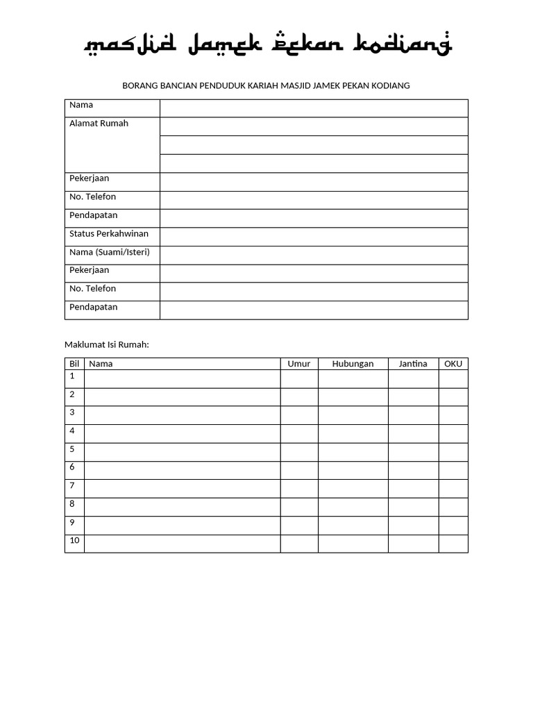 Borang Bancian Penduduk Kariah | PDF
