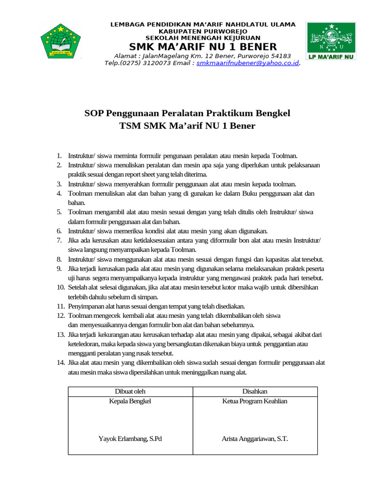 SOP Penggunaan Peralatan Praktikum Bengkel | PDF