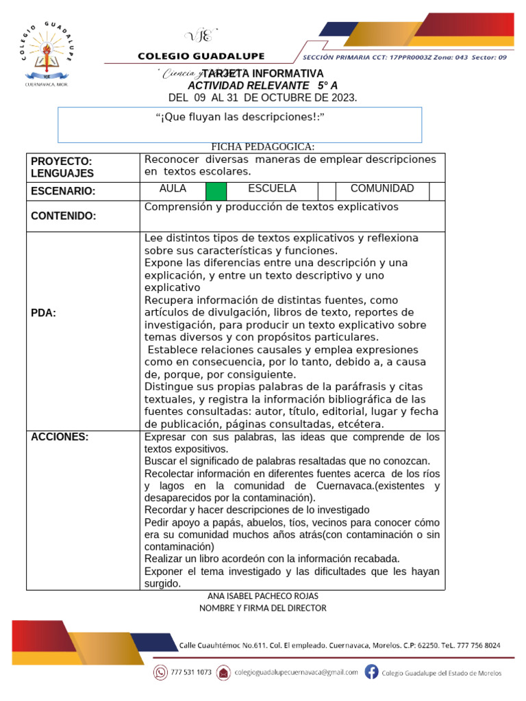 Tarjeta Informativa 5° A | PDF