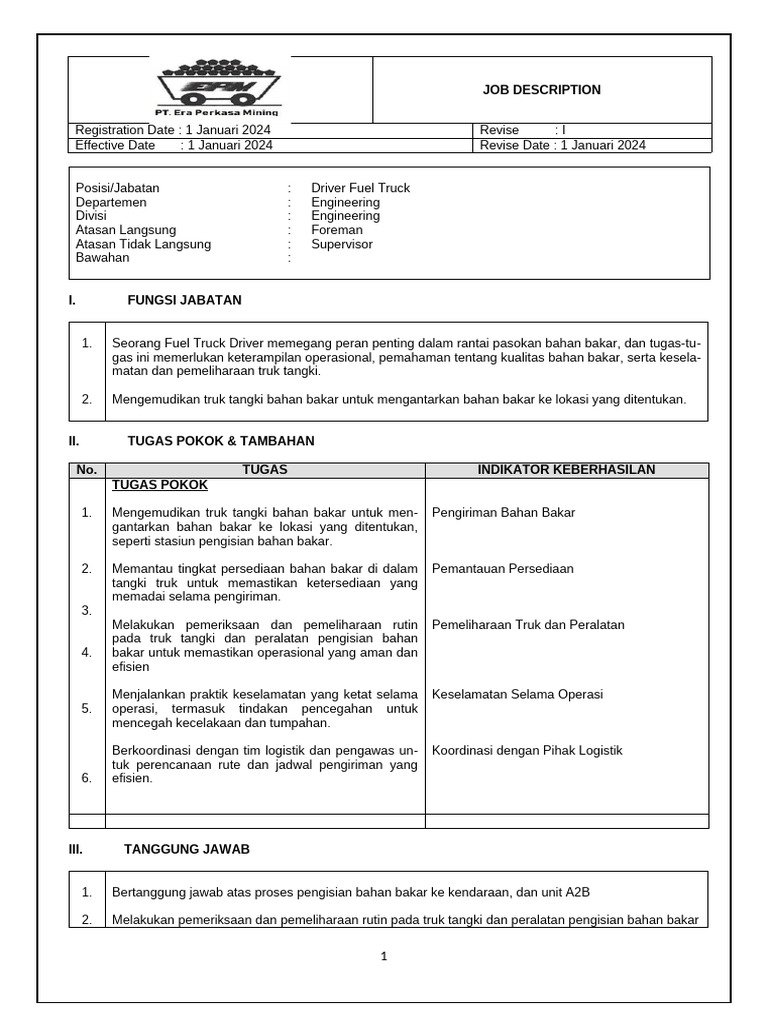 Jobdesk Engineering (Driver FT) | PDF