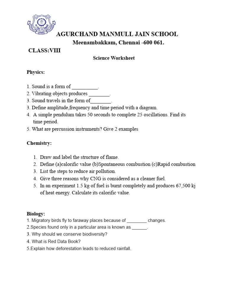 Class 8 Science Worksheet | PDF