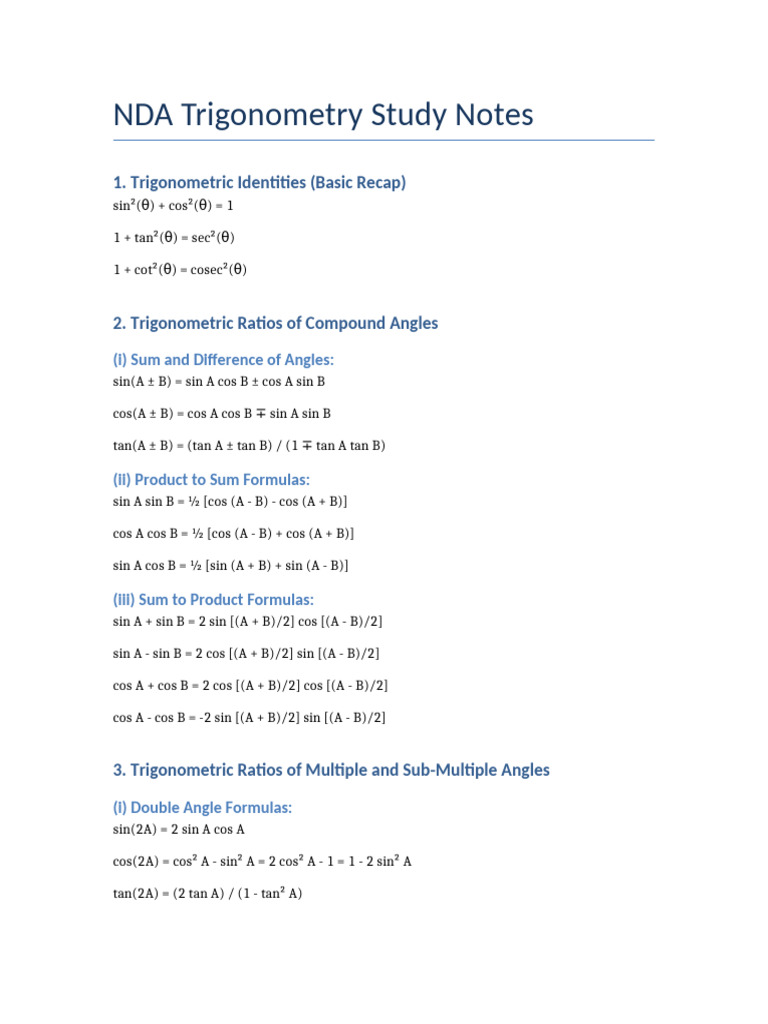 NDA Trigonometry Study Notes Corrected | PDF