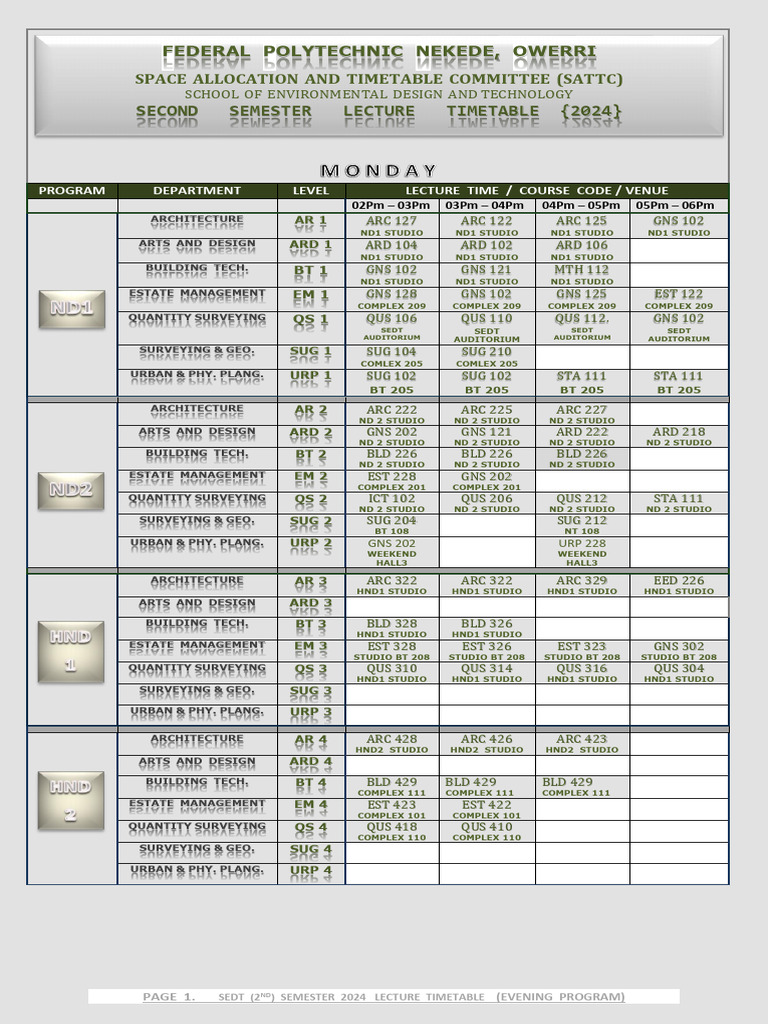 Evp 2ND Semester Lecrure Time Table 2024 | PDF