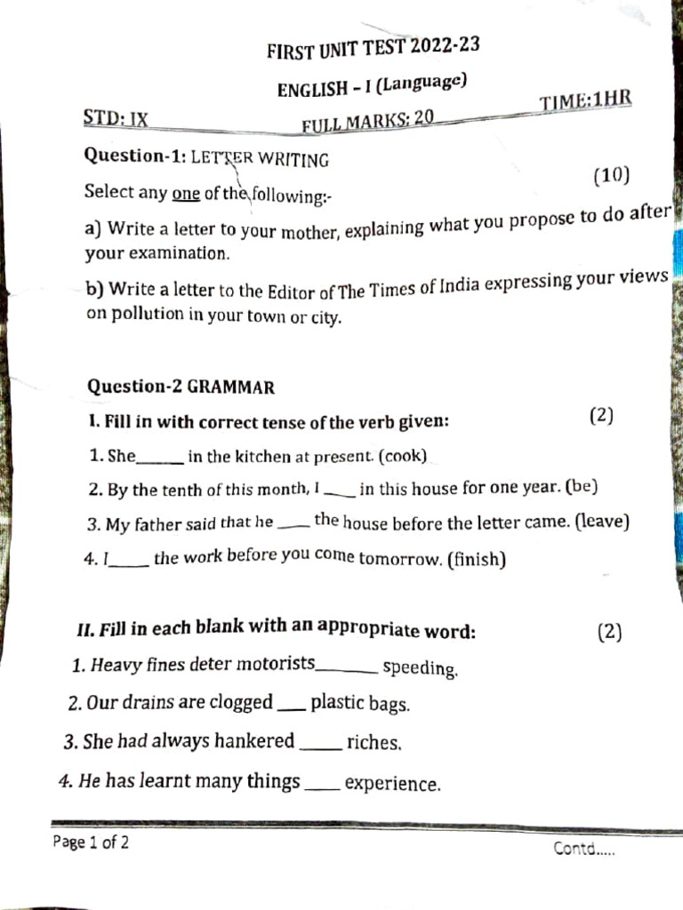 1st Unit Test Language Question Paper | PDF