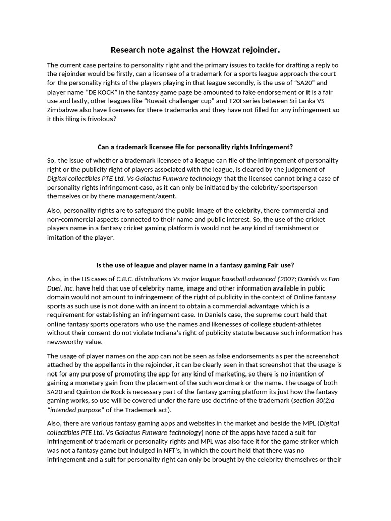 Reseach Note On Personality Rights Vis-A-Vis Fantasy Games | PDF