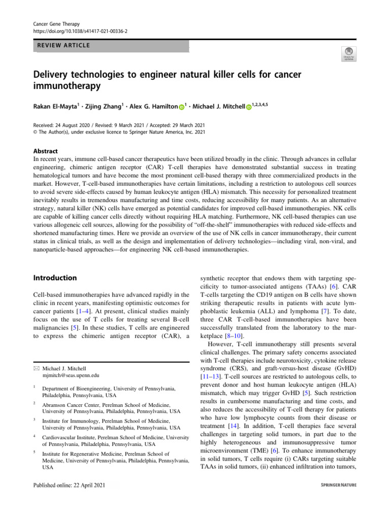 Delivery Technologies To Engineer Natural Killer Cells For Cancer ...
