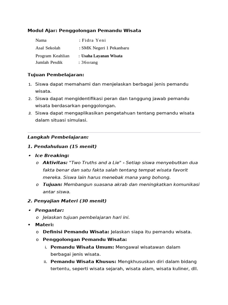 Modul Ajar Penggolongan Pemandu Wisata Pdf