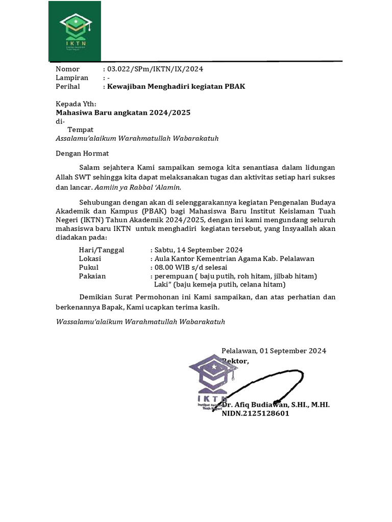 Undangan PBAK Mahasiswa Baru IKTN | PDF