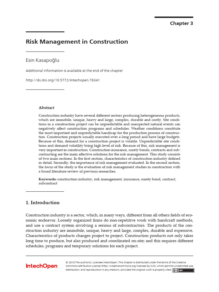 Risk Management in Construction: Esin Kasapoğlu | PDF