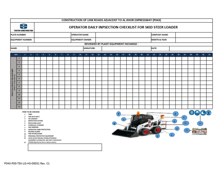 Skid Steer Loader Daily Inspection Checklist | PDF | Vehicles | Motor ...