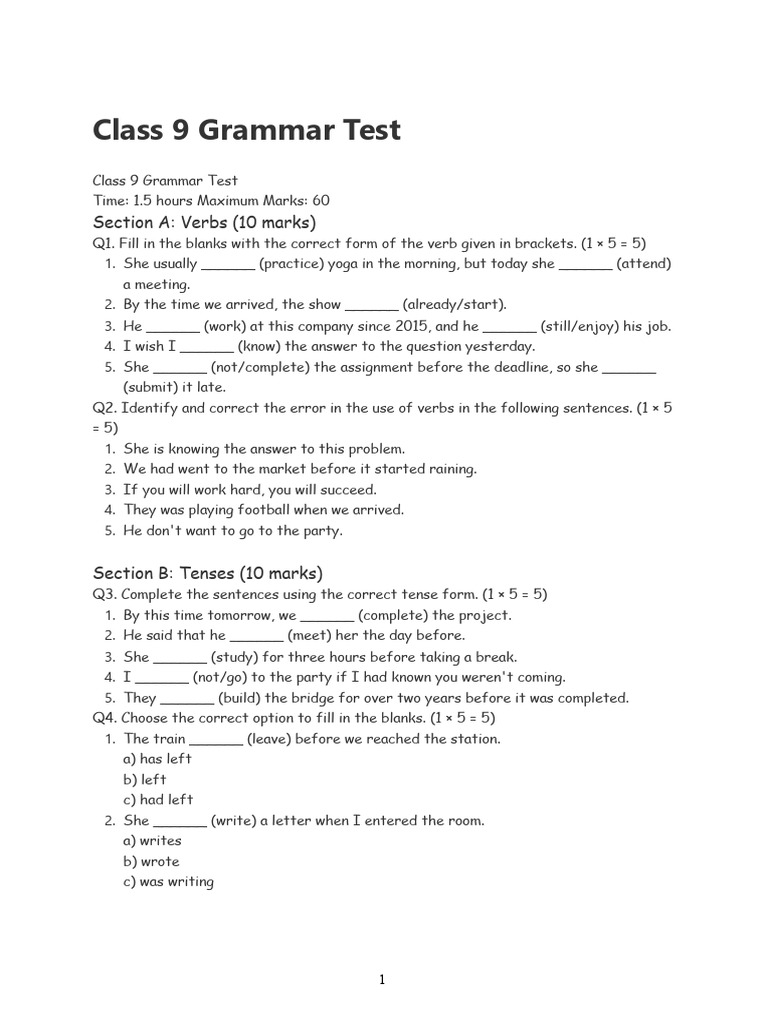 Class 9 Grammar Test | PDF