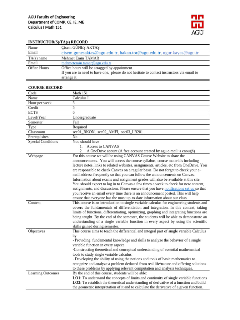 Syllabus - Math151 - 2024 Fall | PDF