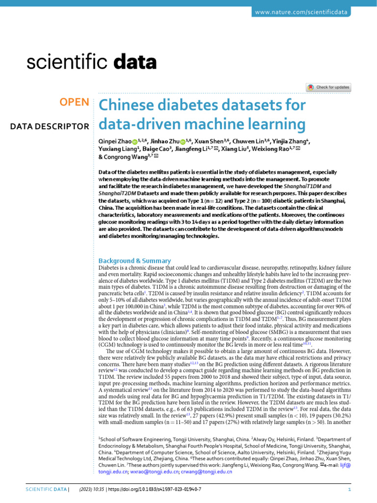 Chinese Diabetes Datasets For Data-Driven Machine Learning | PDF