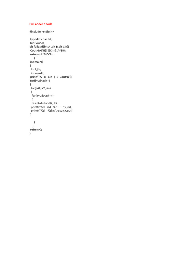 Full Adder C Code | PDF