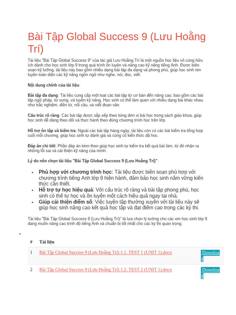 Bài Tập Global Success 9 (Lưu Hoằng Trí) | PDF