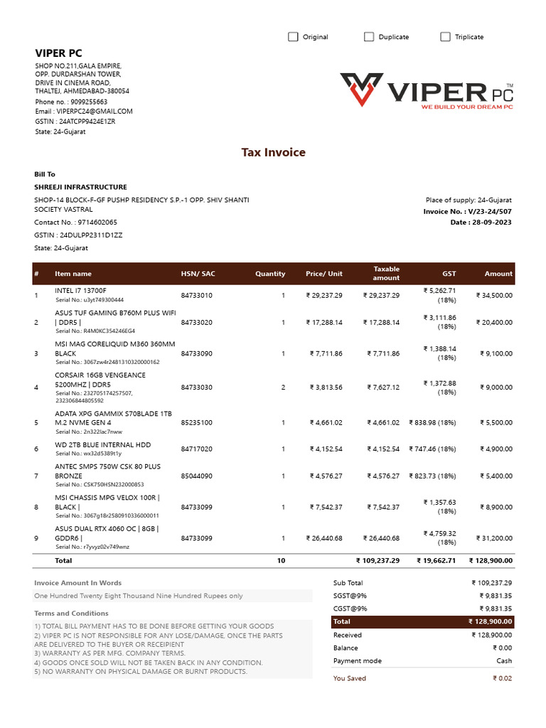 Viper PC Computer Bill | PDF