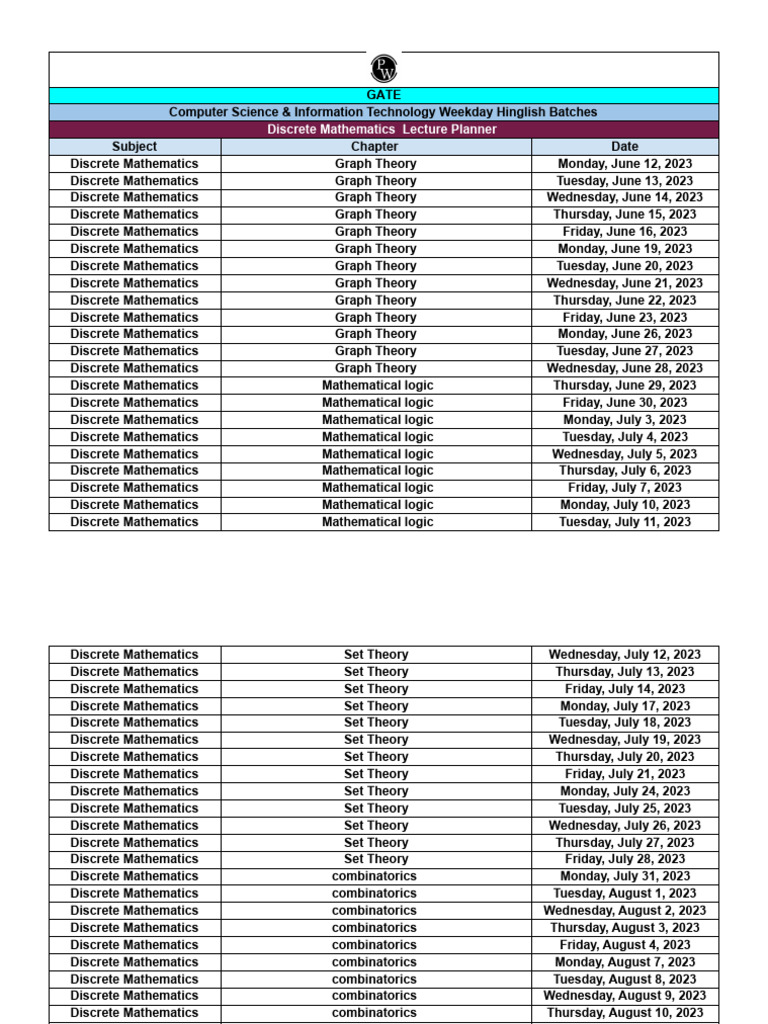 Discrete mathematics lecture planner pdf