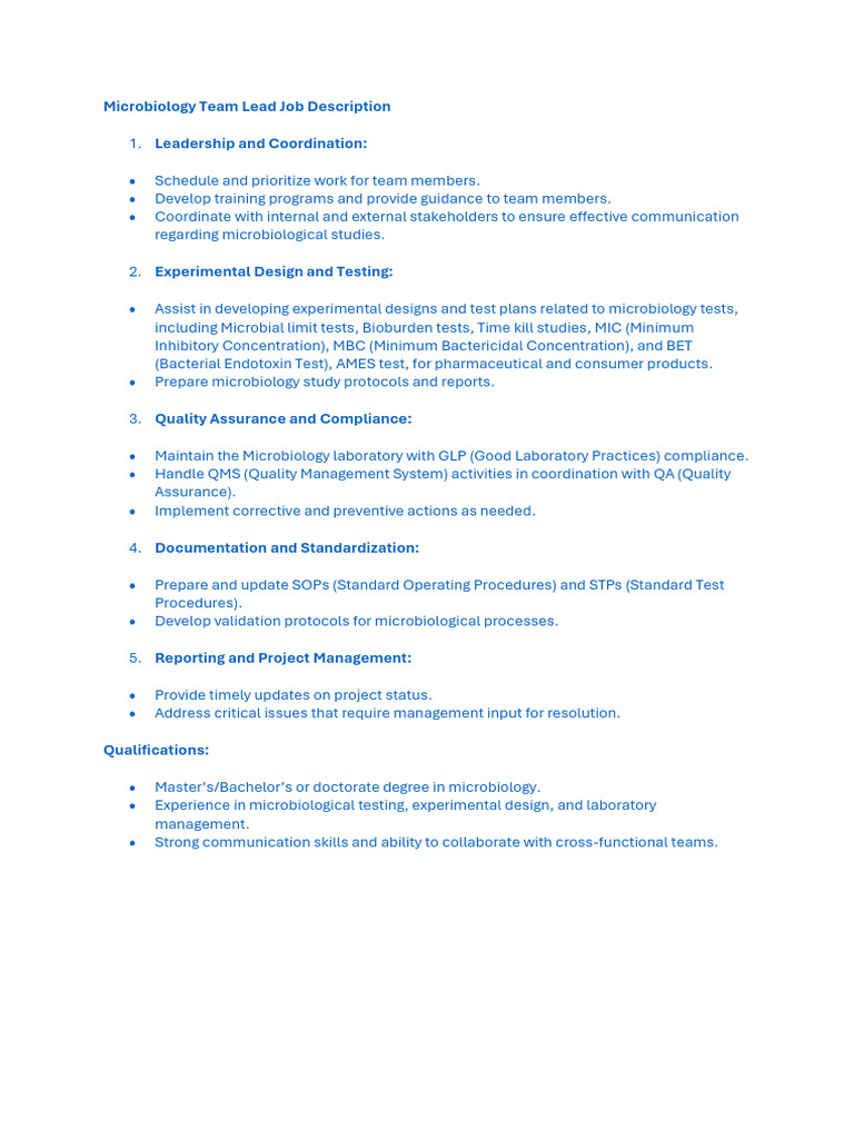 JD - Microbiology Team Lead Position | PDF