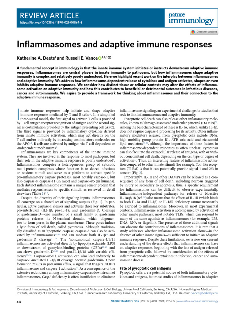 Inflammasomes and Adaptive Immune Responses | PDF