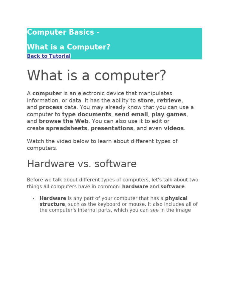 Basics of Computer and Totutrial | PDF