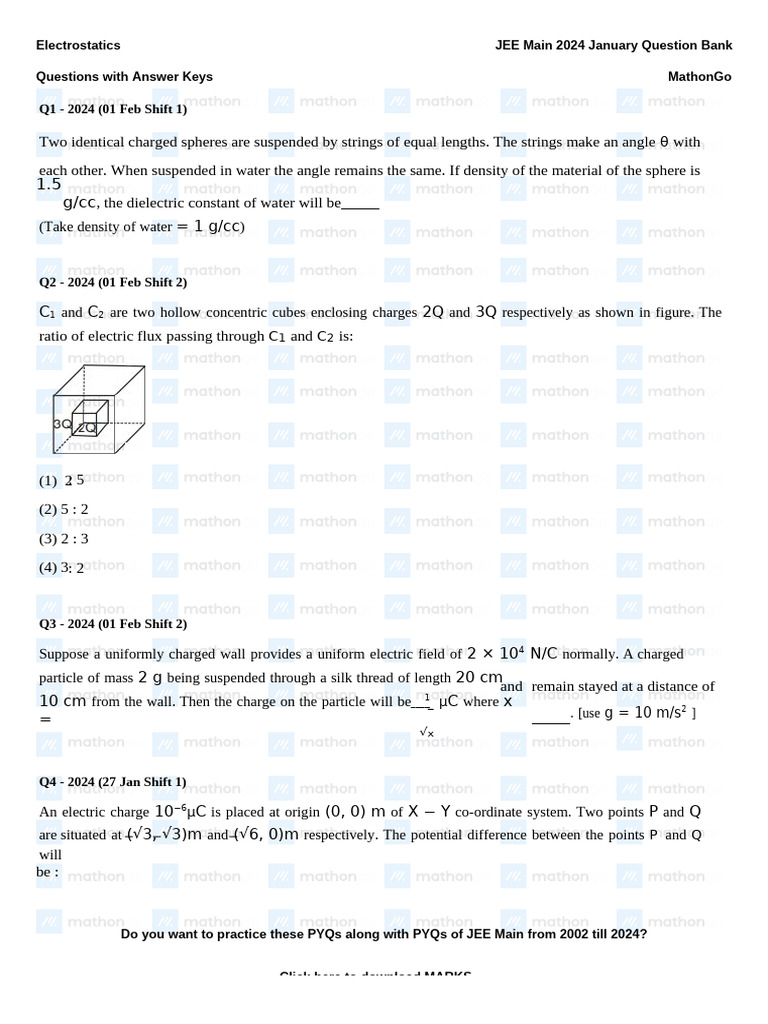 Electrostatics - JEE Main 2024 January Question Bank - MathonGo | PDF